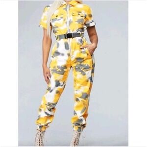 L'Rev37 Yellow Gray White Tie Dye It's A Mood Going Out Denim Jumpsuit Size S